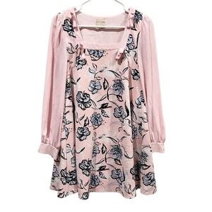 Lyn Around Pink‎ Floral Tunic M Long Sleeve Bow Detail Boho Cottagecore Blouse